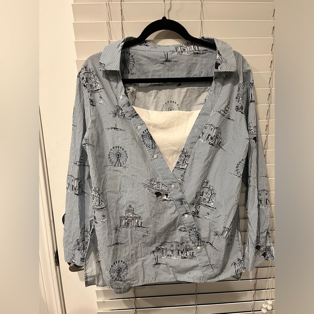 Maje Women's White and Blue Blouse Striped Shirt with Paris Print NWOT